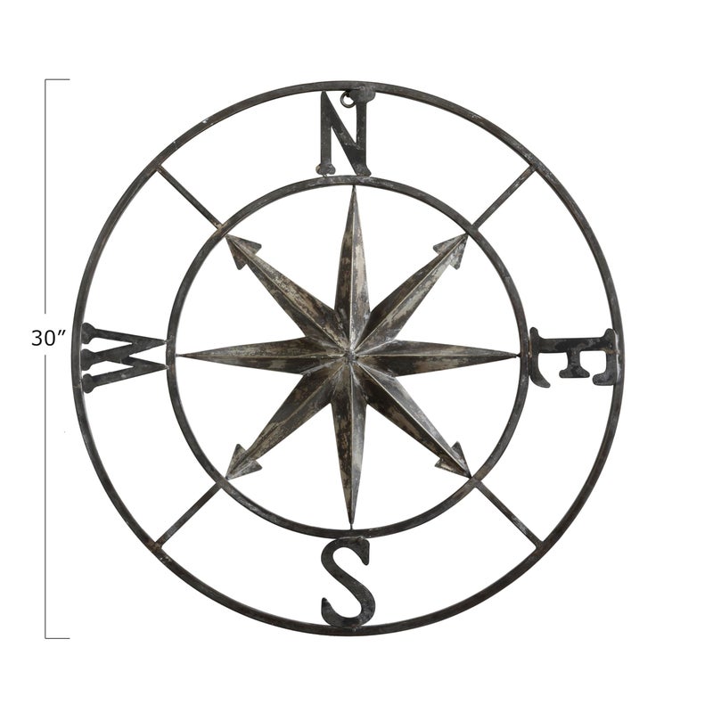 Creative Co-Op Distressed Decorative Metal Compass Wall DÃ©cor, Antiqued Iron, 30" Round - Image 2